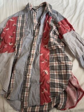 free people Patchwork Mixed-Pattern Red & Blue Men's Button-Up Shirt